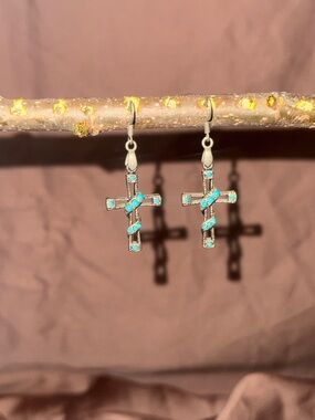 Sterling Silver Cross Drop Earrings with Turquoise Stones - Women Jewelry